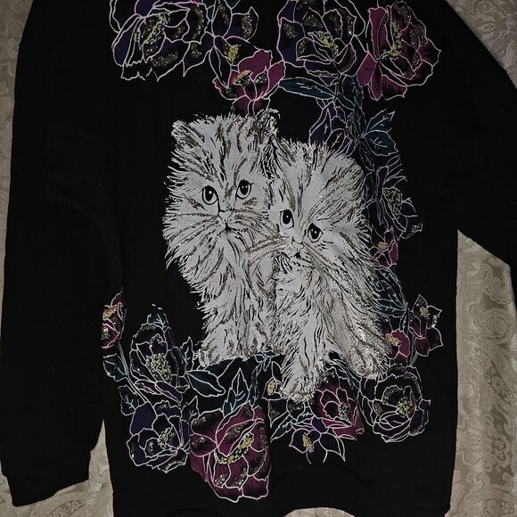 Vintage Black Glitter Kittens Sweatshirt 80s 90s- Tee Dee's, Womens Size Medium - Picture 3 of 12